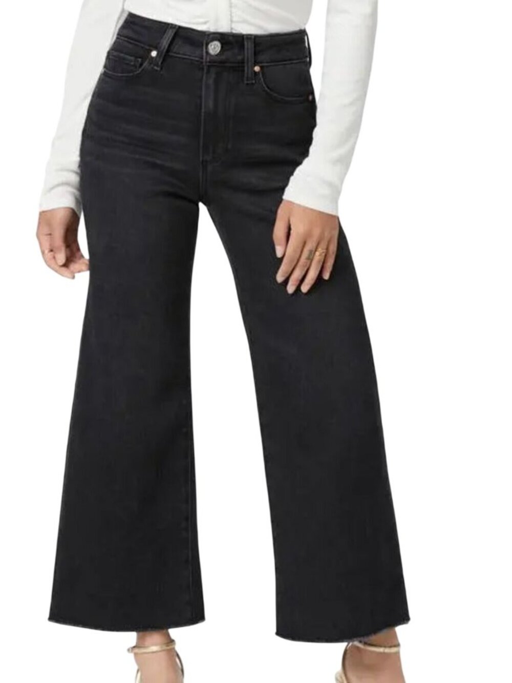 Paige Anessa High-rise Wide-leg Cropped Raw Hem Jeans Black Lotus Size 28